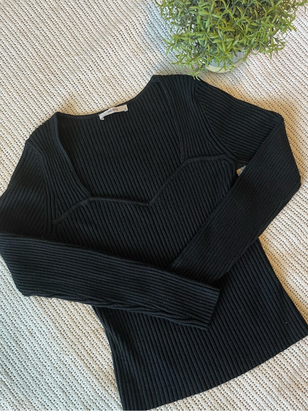 Black Ribbed Sweatheart Neckline Sweater